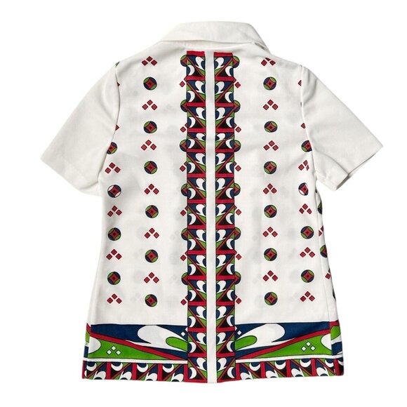 70s vintage abstract pattern blouse short sleeve pointed collar geometric print. - Picture 3 of 6